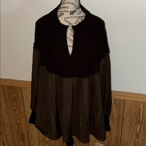 Dark Brown Pleated Tunic Top with knit yoke and cuffs worn once